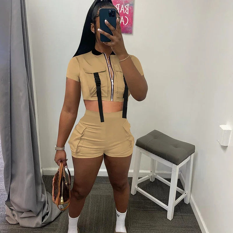 Sportwear Pockets Short Sets Womens 2 Piece Outfit Workout Fitness Zipper Crop Top and Shorts somè