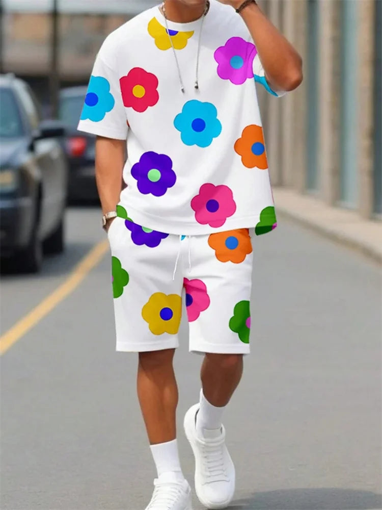 2 Piece Summer Casual Everyday Men's Short Sleeve Shorts Set Hawaiian Print Men's T-shirt Outdoor Sports Men's Beach Shorts 202&
