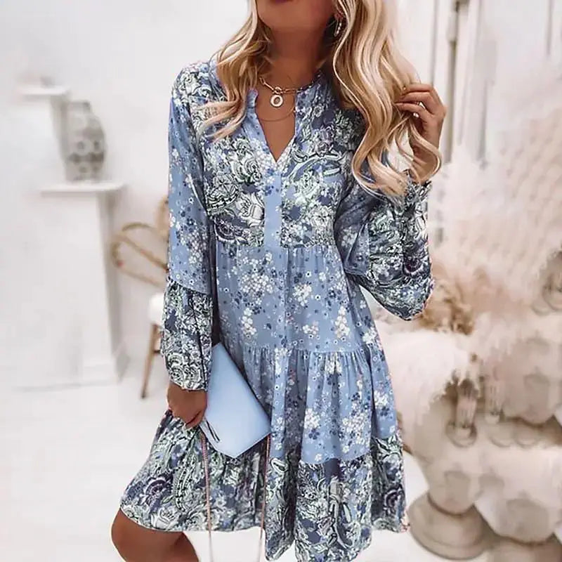 Casual Floral Print Dresses For Women  Sping Summer Boho V Neck Loose A Line Dress Elegant Beach Party Dress Robe Femme somè