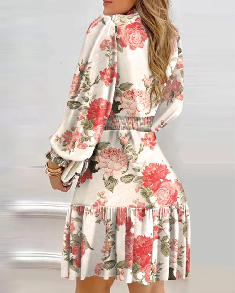 Autumn Women Floral Print Shirred Ruffle Dress  Femme Casual Lantern Sleeve Robe Office Lady Dress Outfits Traf Vestid somè