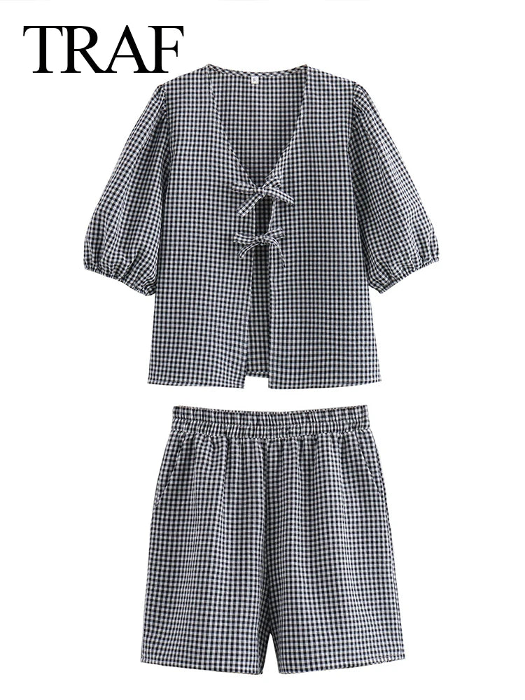 Casual Women Bow Plaid Short Shirt Shorts Suit Female Lace Up Short Sleeve Shirt Top Elastic Waist Loose Shorts Sets somè