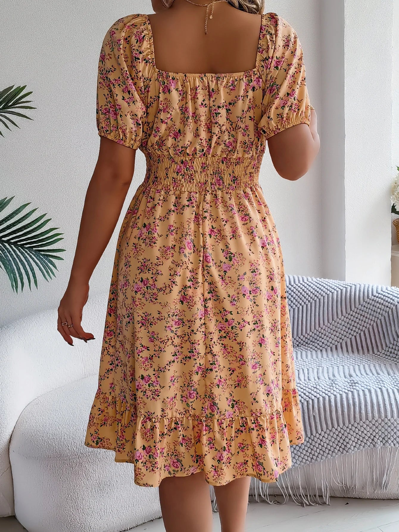 Casual Square Neck Shirred Waist Floral Print Short Sleeve Ruffle Hem Dress For Summer, Women's Clothing somè