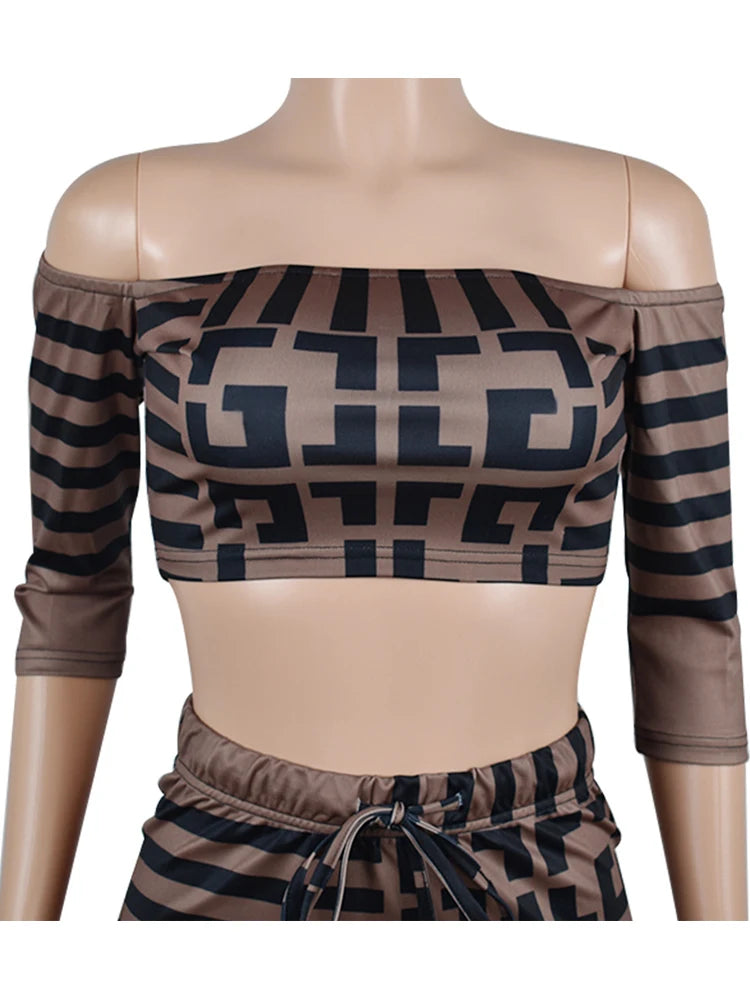 Two Piece Sexy Women's Printed Dress, Summer Long Sleeved Slim Fit One Line Collar, Elegant Party Club Party Mini Skirt Y2k Set