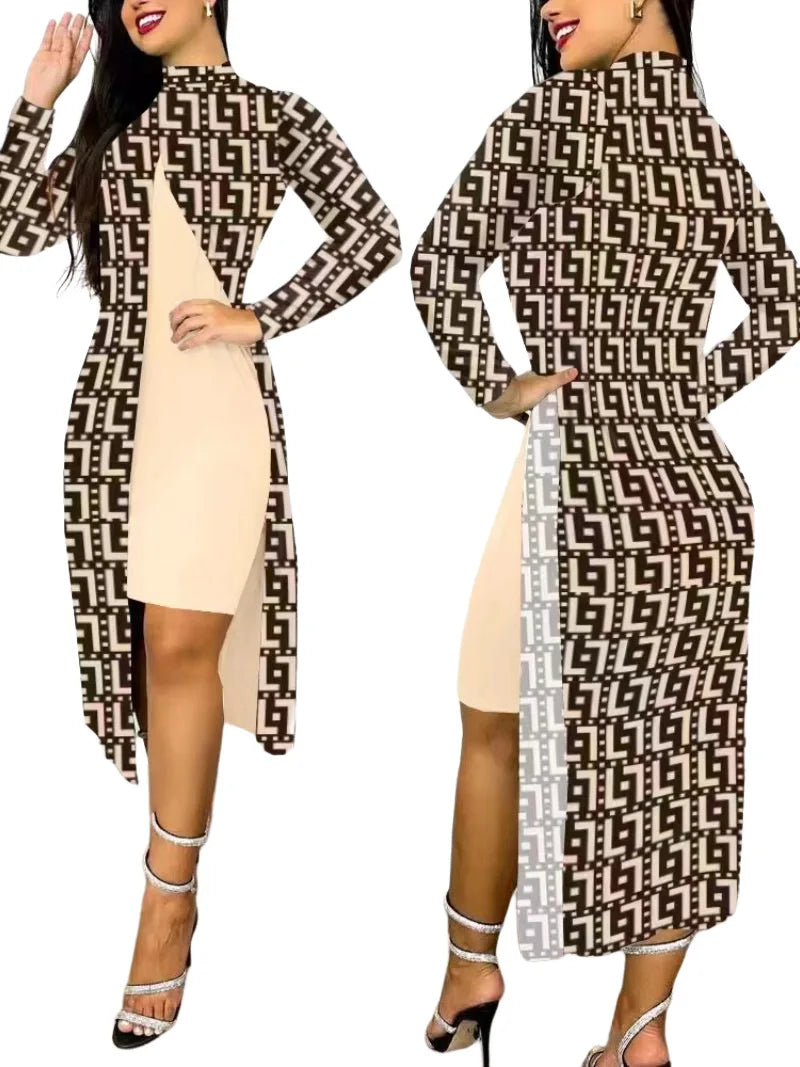 Two Piece Set Women Print Dresses Sets Full Sleeve Half High Collar Split Cardigan Dress Suits Elegant A Line Office Lady wowo