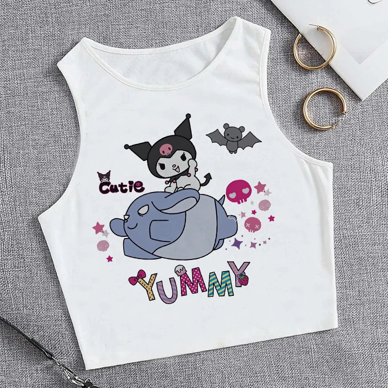 Y2K Vest Crop Top Kuromi T Shirt Cropped Sanrio Kuromi Women Manga T-shirt somè