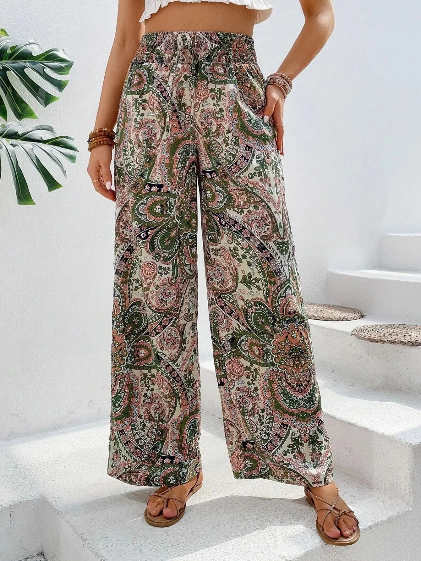 Women's thigh pants flower 2024 summer new fashionable printed elastic waist wide leg pants