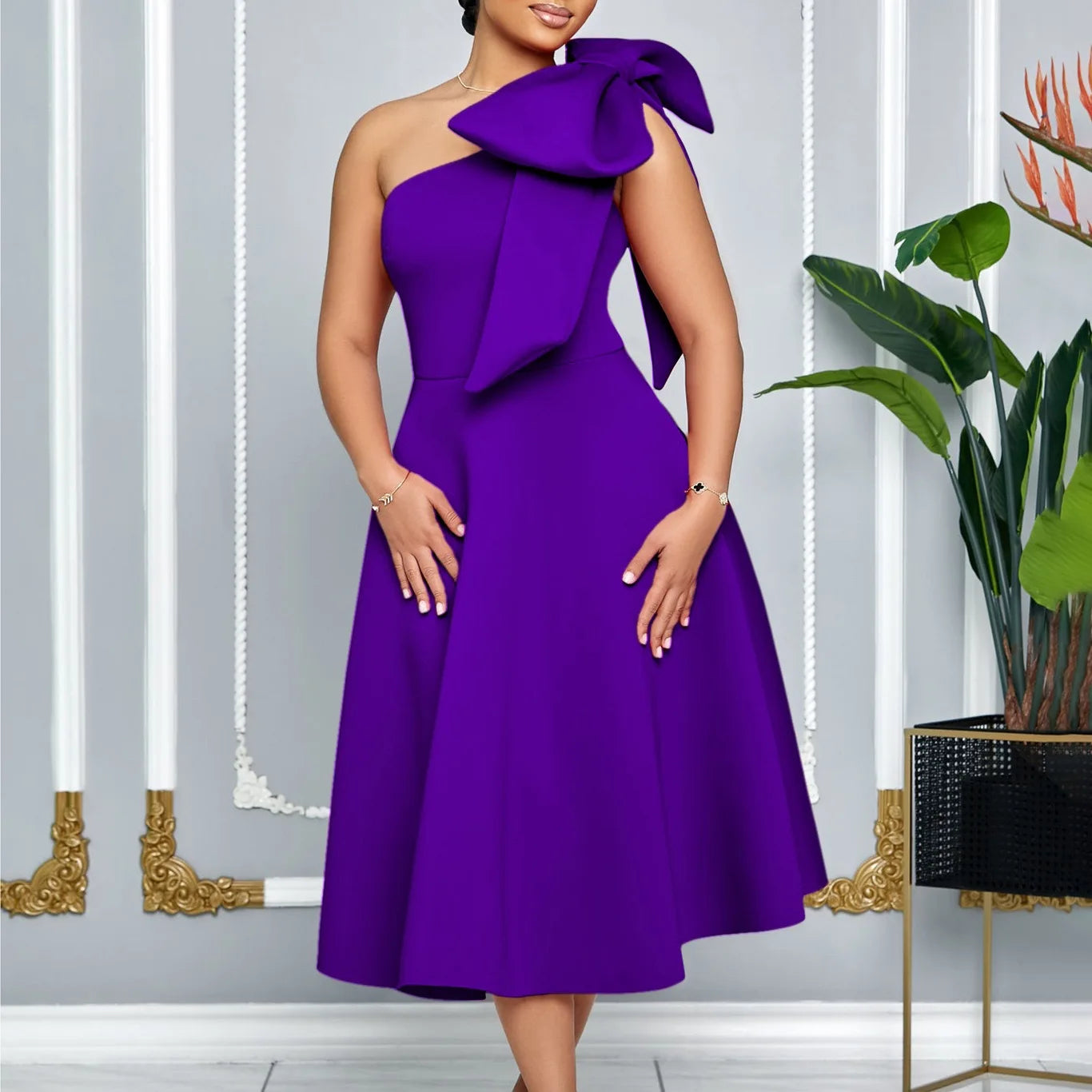 Dresses for Women One Shoulder Bow Decorate High Waisted Pleated Mid Calf Luxury Birthday Party Dinner Vestidos Mujer Dress klt
