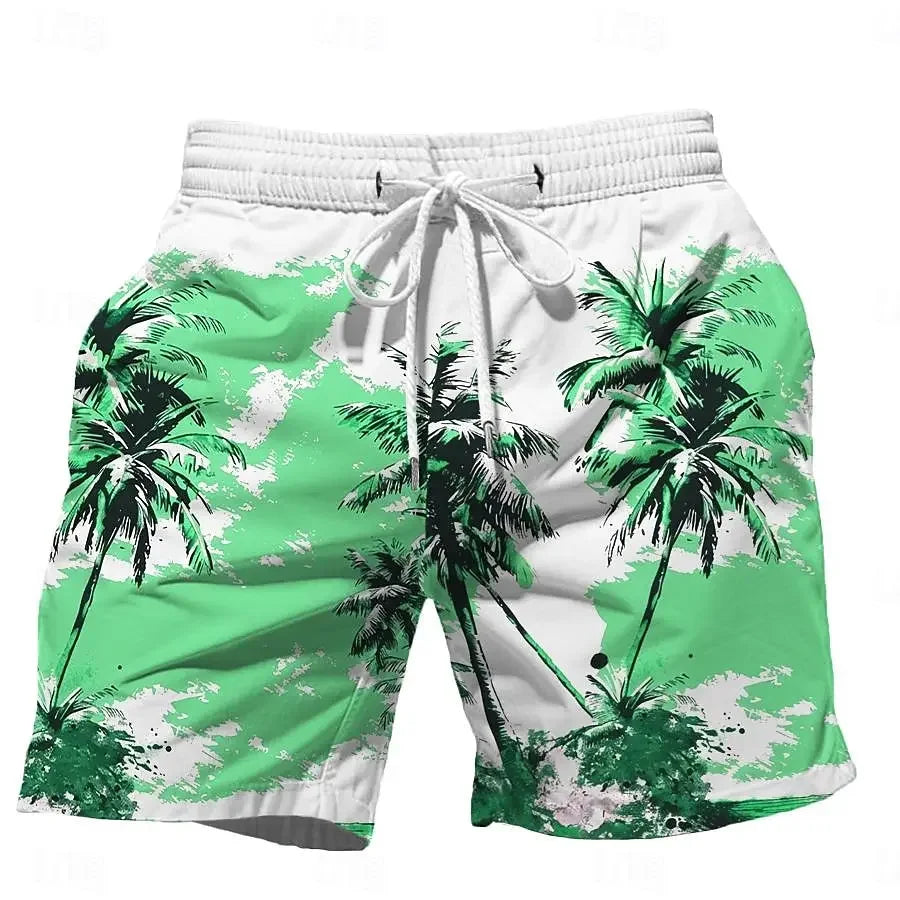 202& Summer Oversized Casual Men's Drawstring Shorts Quick Dry Hawaii Holiday Sports Swimming Trunks Coconut Tree Printed Shorts