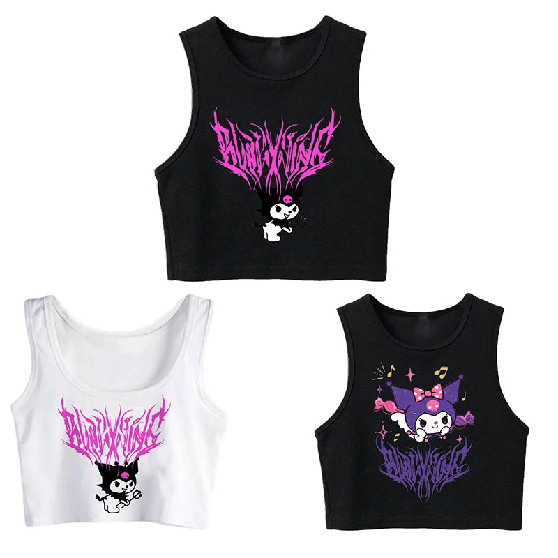 Y2K Vest Crop Top Kuromi T Shirt Cropped Sanrio Kuromi Women Manga T-shirt somè