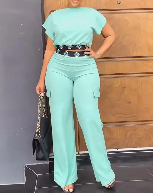 Two Piece Sets Women Outifit Summer Fashion Geometric Print Boat Neck Short Sleeve Crop Top & Casual Pocket Daily Pants Set somè