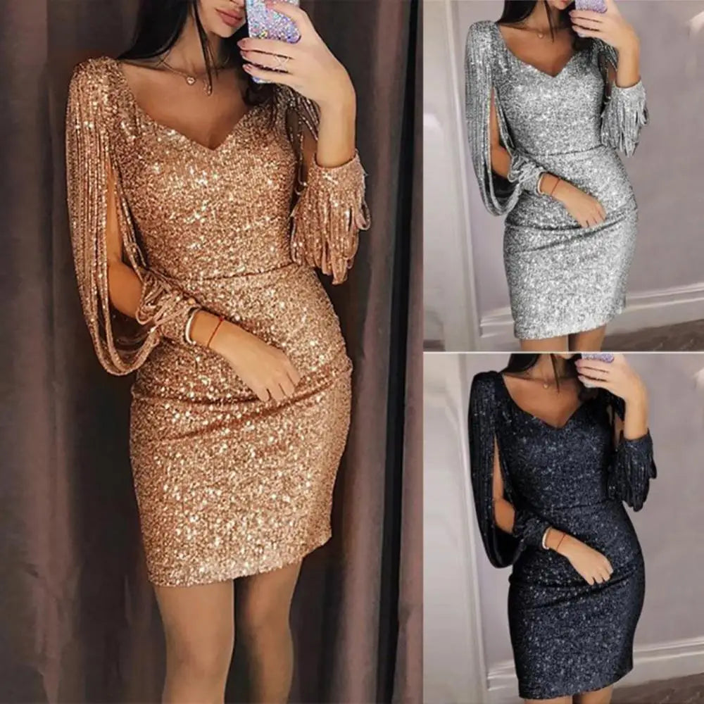 2025 New Silver Sequin Skinny Dress Women Sexy Tassel Sleeves V Neck Club Mini Dress Elegant Ladies Bodycon Pencil Party Vestido