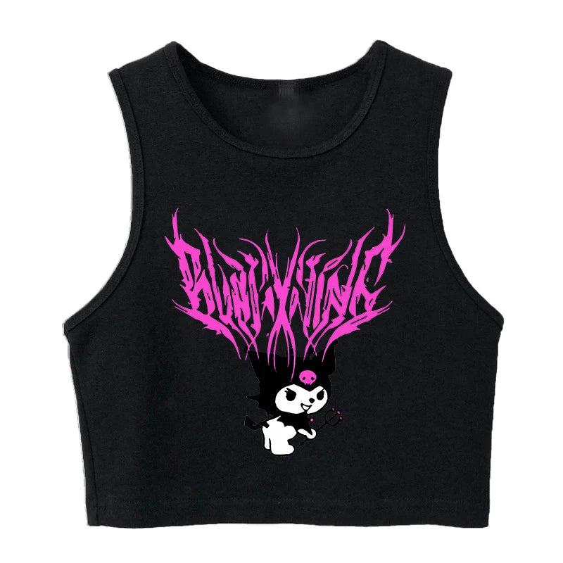 Y2K Vest Crop Top Kuromi T Shirt Cropped Sanrio Kuromi Women Manga T-shirt somè