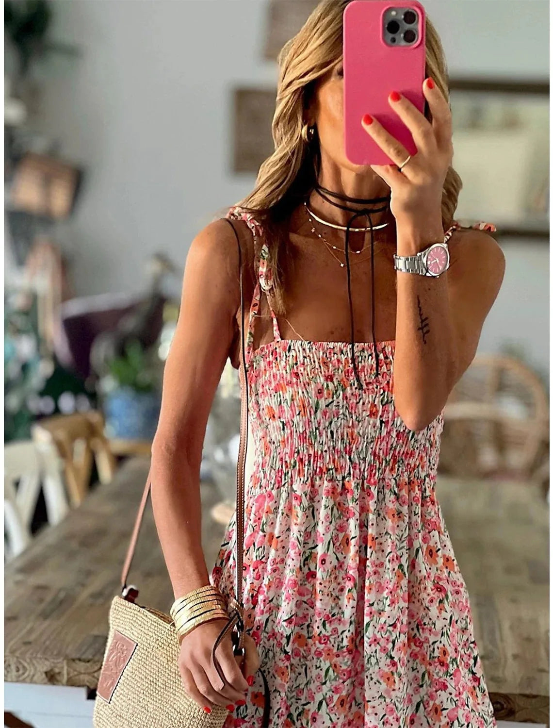Summer Fashion Sling Maxi Dress Loose Elegant Ruffle A-Line Dress Casual  Floral Printed Women Backless Beach Dresses Midi Dress somè