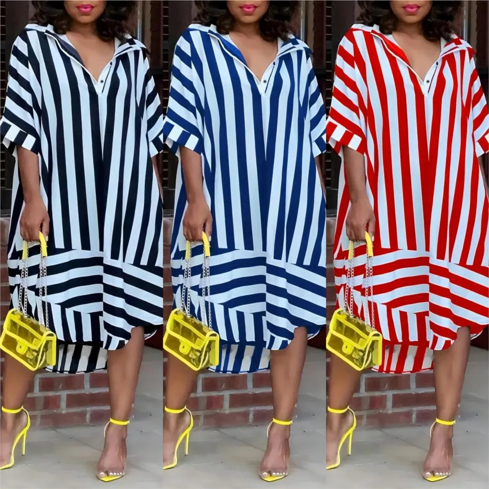 Fashion Printed Striped Short Sleeve Loose For Women's Dresses Summer Casual Simple Elegant Female Holiday Shirt Dress