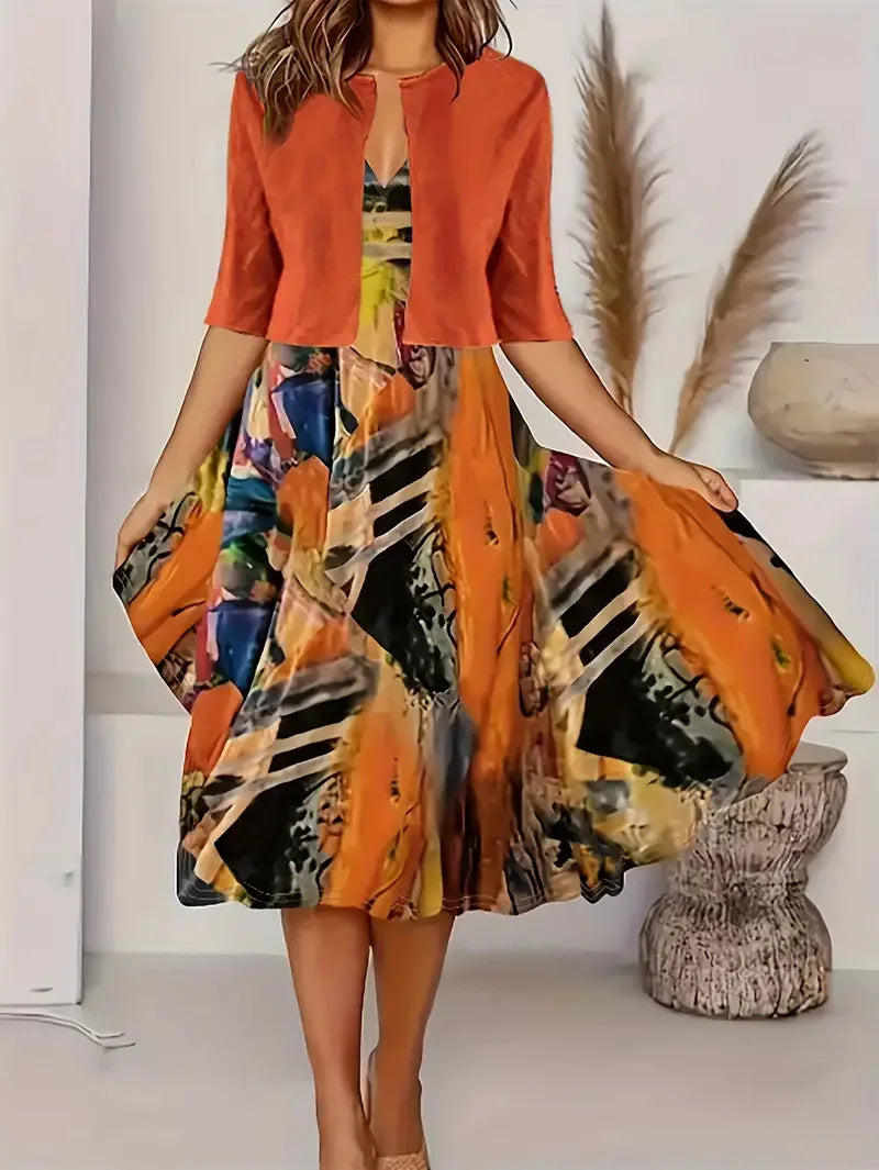 2024 European and American Autumn New Women's Long Dress Two Piece Flower and Grass Print Round Neck Dress Coat Women