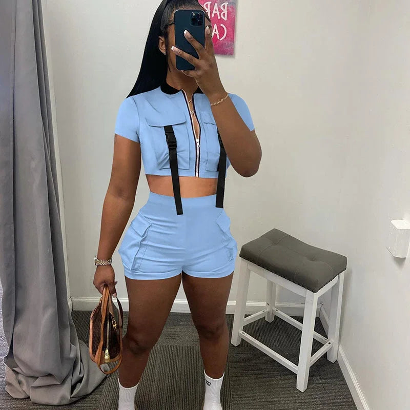 Sportwear Pockets Short Sets Womens 2 Piece Outfit Workout Fitness Zipper Crop Top and Shorts somè