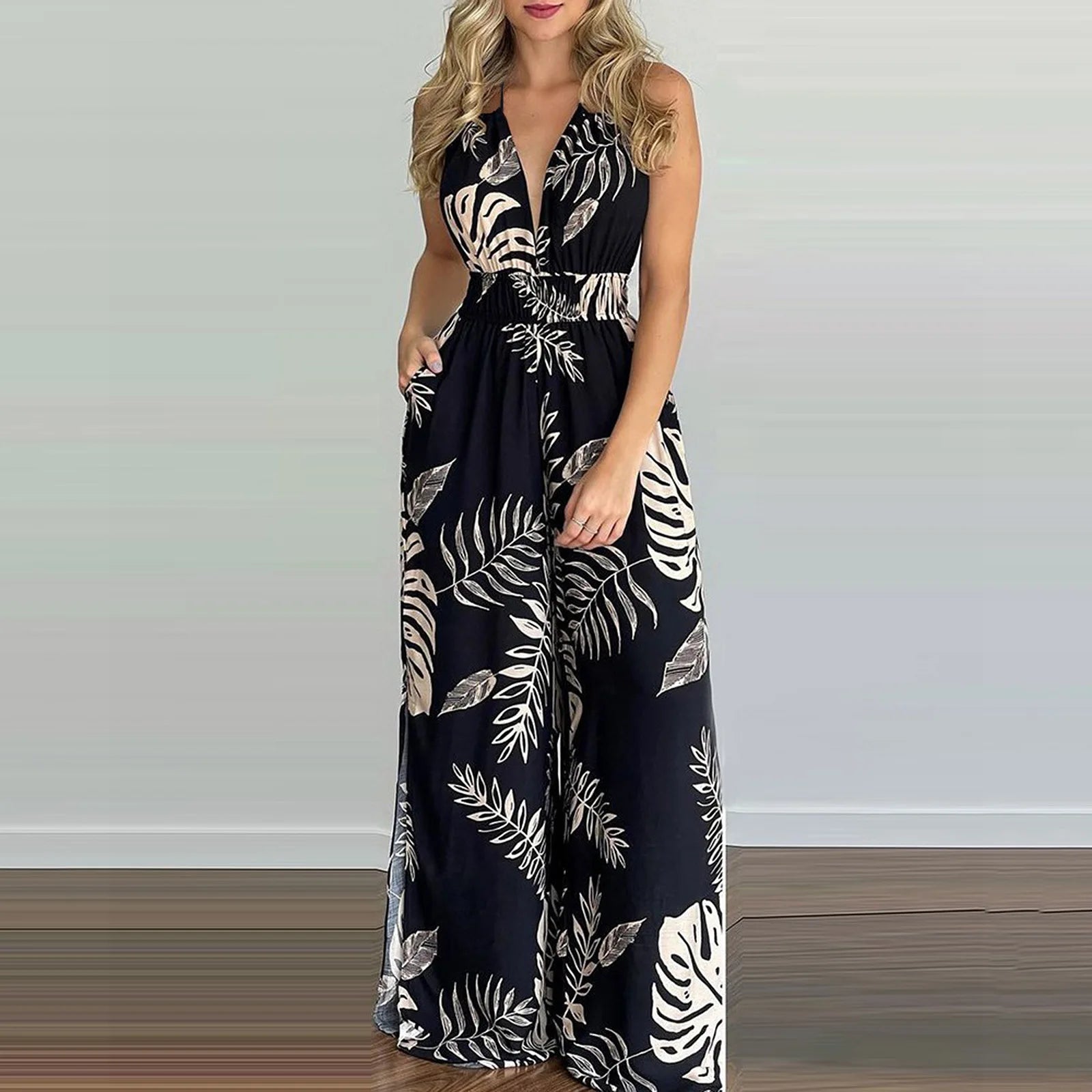 2024 new women's dress wish suspender digital print sleeveless V-neck colorful jumpsuit for women vestal