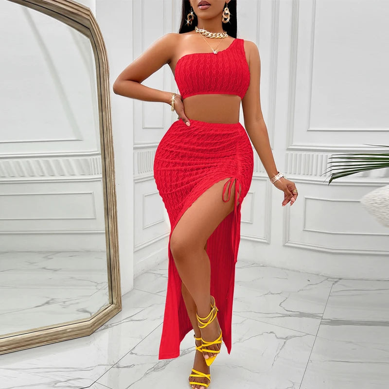Women 2 Pieces New Fashion Sexy Two-piece Dress Women 2 Piece Set Outfit Party Crop Tops And Split Skirt somè