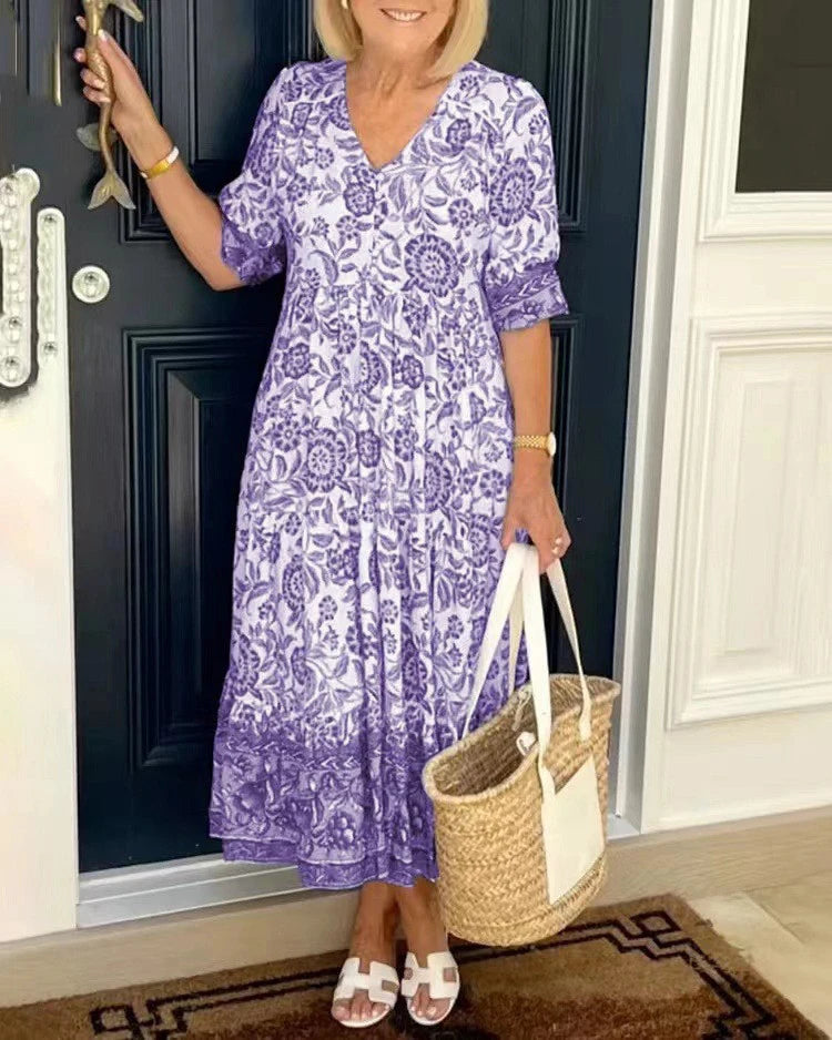 2025 Summer Foreign Trade Temperament Commuter Long-style Floral Tie-dye Large Size Loose-fitting Dress