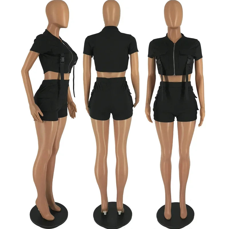 Sportwear Pockets Short Sets Womens 2 Piece Outfit Workout Fitness Zipper Crop Top and Shorts somè