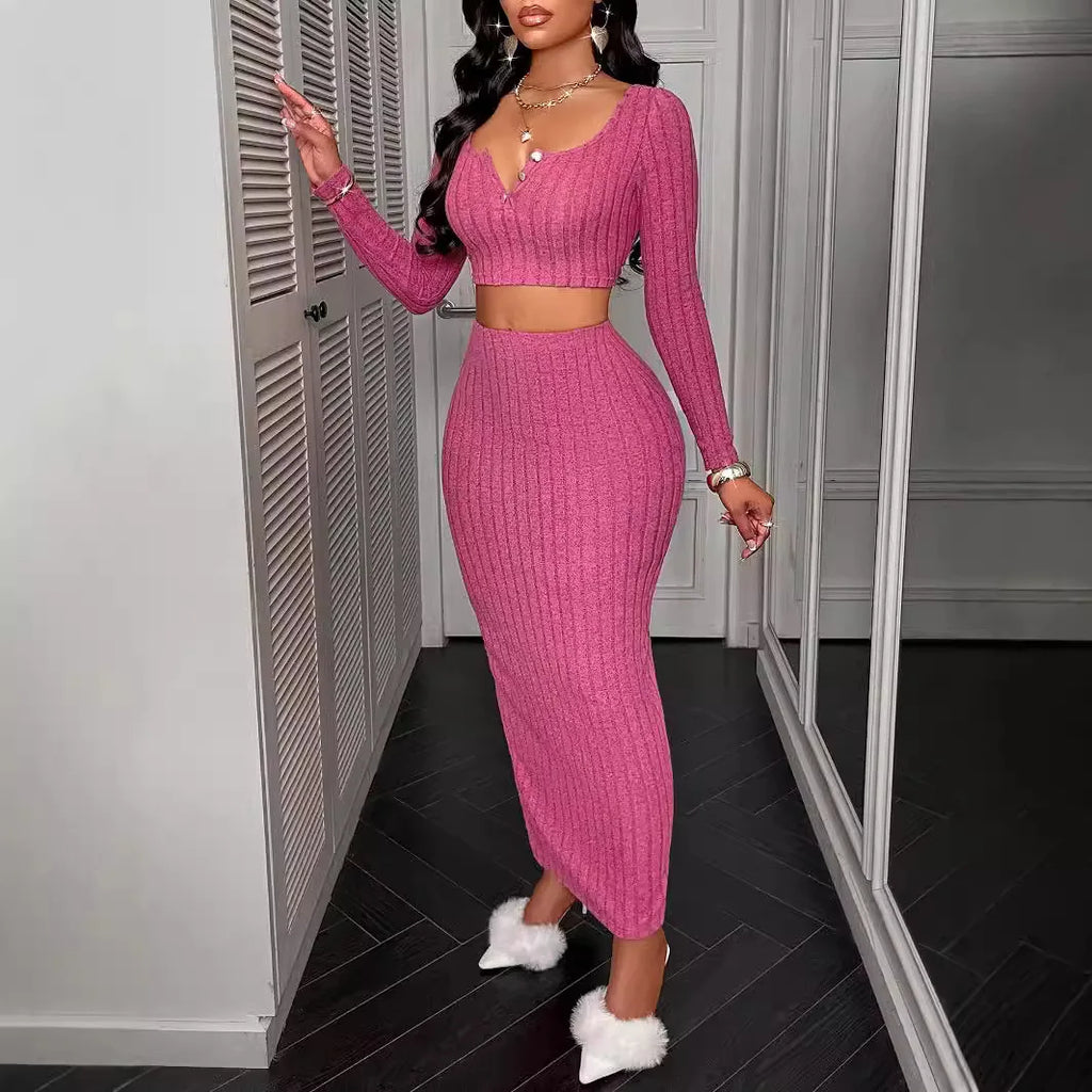 Two Piece Sets Women Skirt Set Full Sleeve Dress Sets Sexy U Neck Bodycon Short Tops Long Skirts Elegant Splice High Waist somè