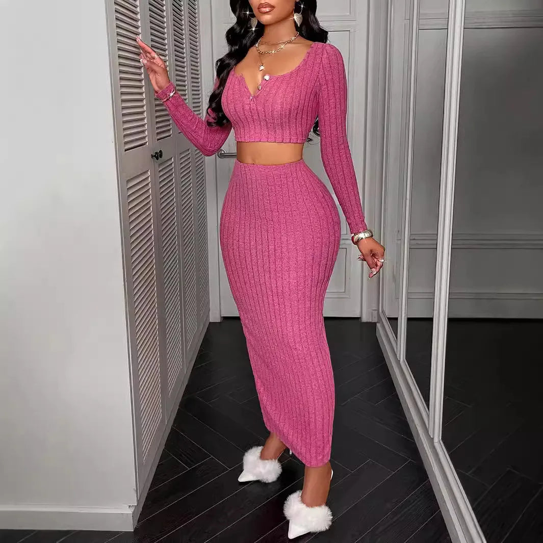 Two Piece Sets Women Skirt Set Full Sleeve Dress Sets Sexy U Neck Bodycon Short Tops Long Skirts Elegant Splice High Waist somè