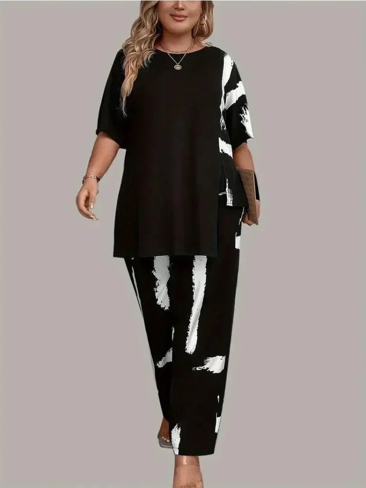 Plus Size Women’s Brush Print Elegance Short Sleeve Split Top & Matching Pants 2 Piece Round Neck Outfit Set somè