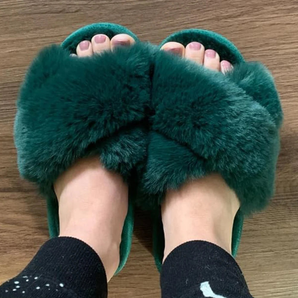 Goosecret  Women's Cross Band Fuzzy Slippers Fluffy Open Toe House Slippers Cozy Fur Flat Slides Thick Sole Plush Bedroom  djam