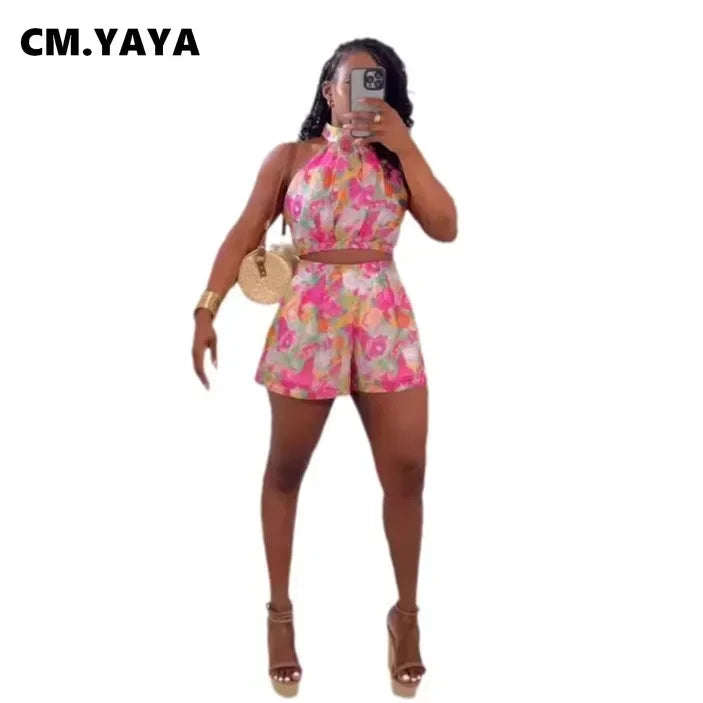 Women's Set floral print Sleeveless Top + Shorts Suit Summer Street Sexy Party Two 2 Piece Set Outfit Tracksuits somè