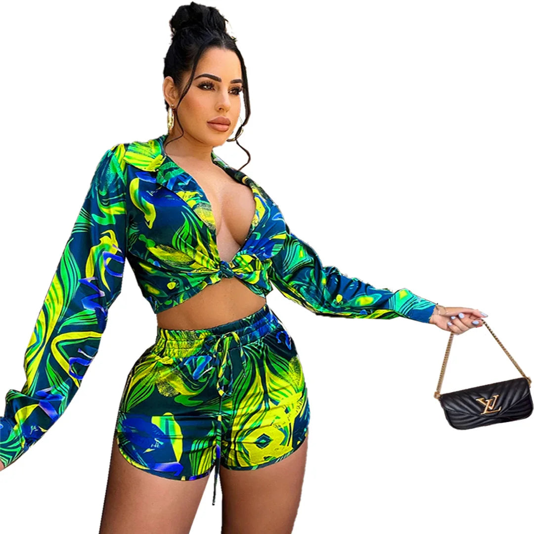 CM.YAYA Elegant Wave Striped Women's Set Long Sleeve Shirt and Shorts INS Chic Street Fashion Tracksuit Two 2 Piece Set Outfits