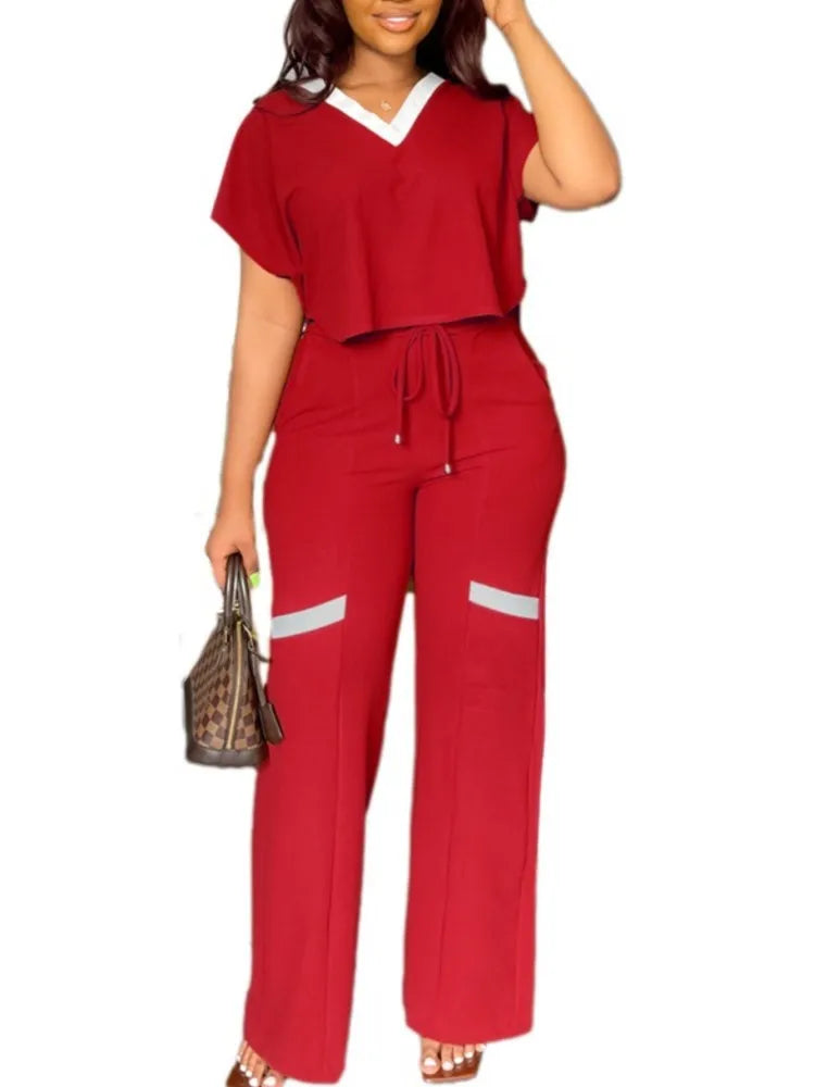 Elegant Women's Casual Short Sleeve T-shirt Sports Suit Summer Fashion Solid V Neck Short Top & Straight Pants Two Piece Sets somè