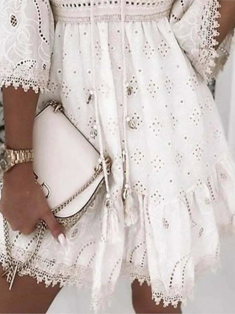 Elegant Women White Hollow Lace Mini Dress Summer V-neck Patchwork Lace Up Three Quarter Sleeve Ladies Vacation Beach Dresses somè