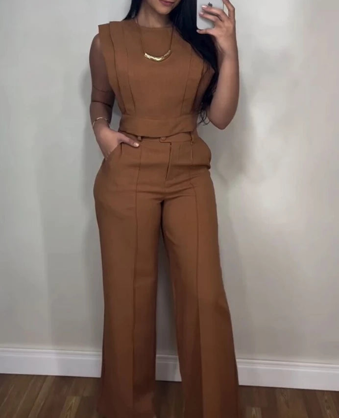 sets for women 2 pieces autumn Round Neck Cap Sleeve Crop Top and Casual Pocket Design Straight Pants Set somè