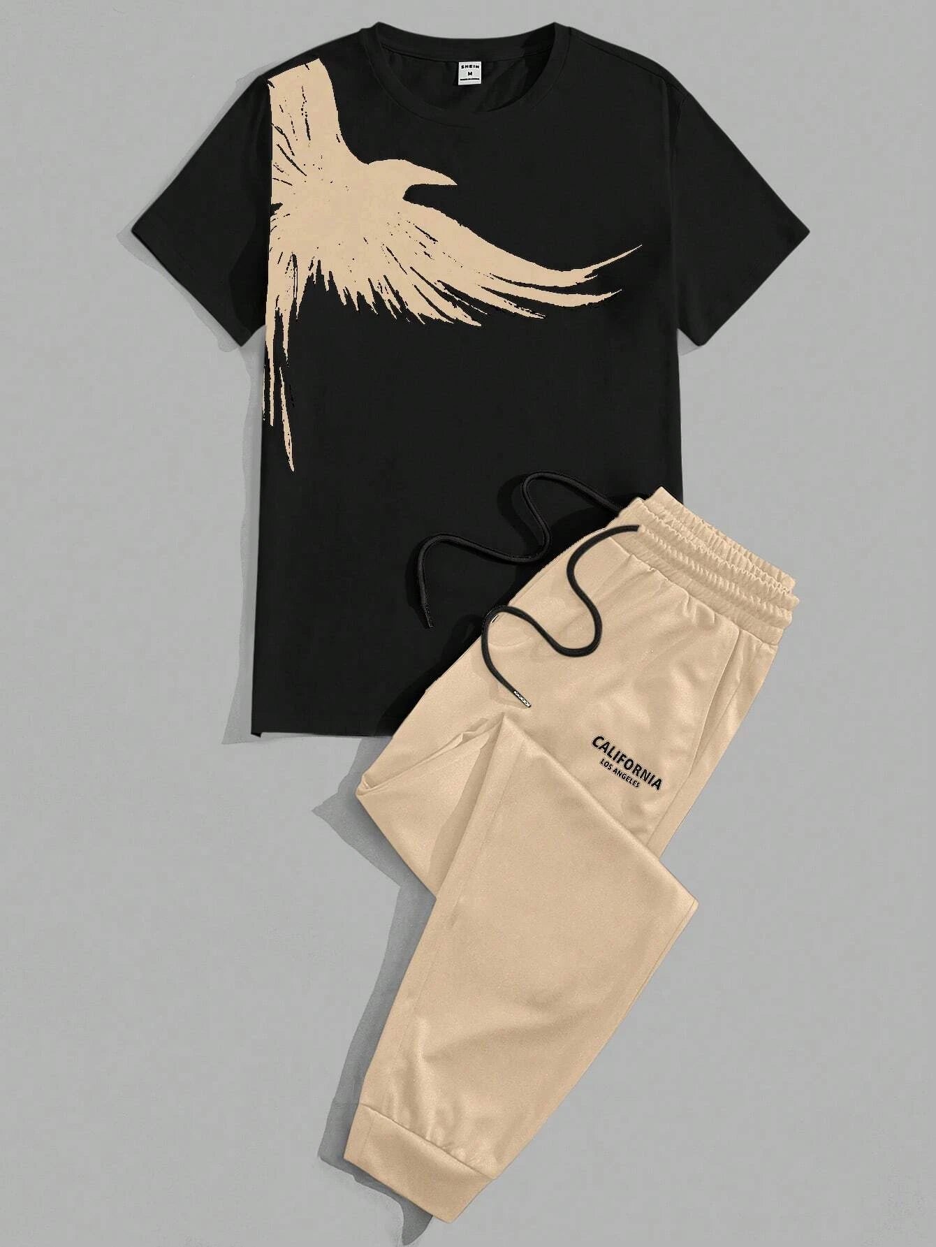 202& Simple Casual Men's T-shirt Short-sleeved Suit And Pants Fashion Eagle Print Pattern Sports And Leisure Two-piece Set