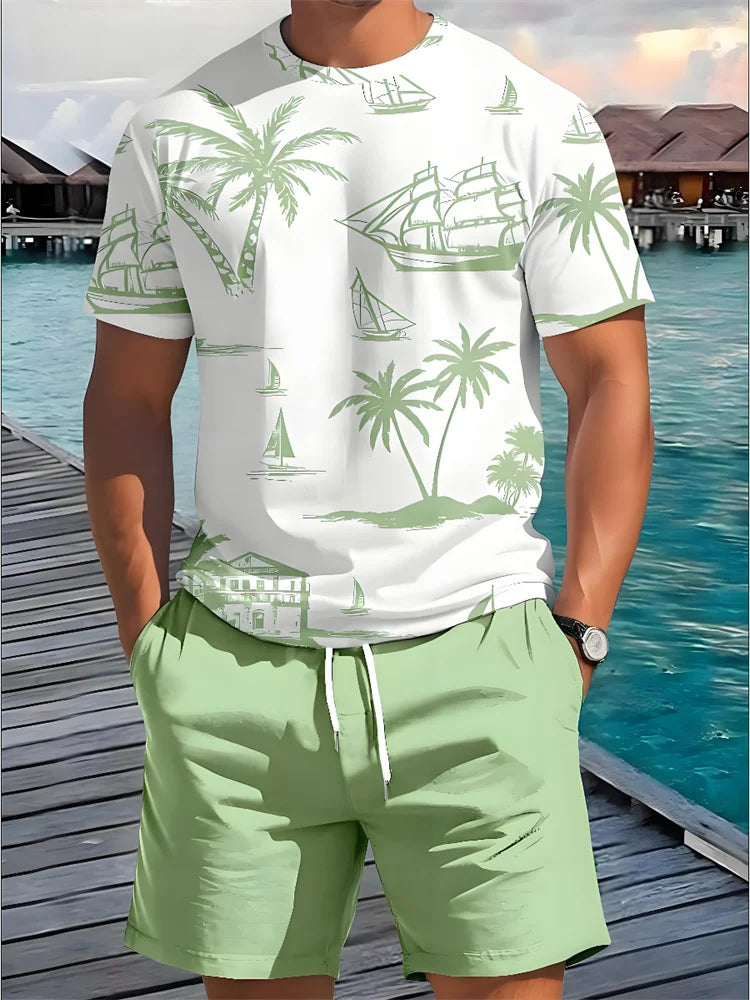 2 Piece Summer Casual Everyday Men's Short Sleeve Shorts Set Hawaiian Print Men's T-shirt Outdoor Sports Men's Beach Shorts 202&