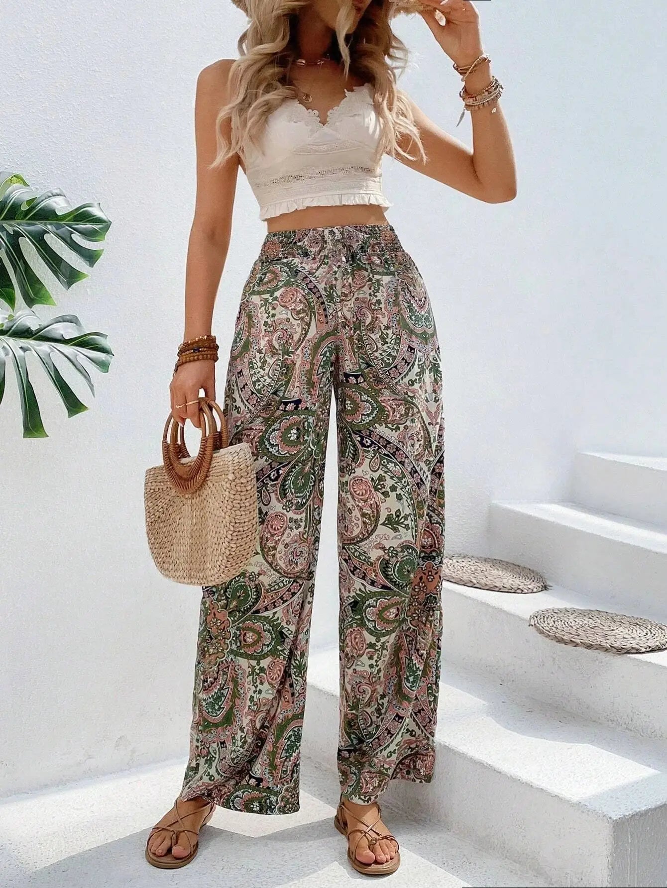 Women's thigh pants flower 2024 summer new fashionable printed elastic waist wide leg pants