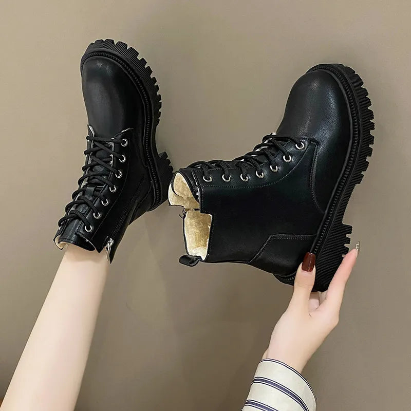 Winter Thicken Plush Ankle Boots Women New Warm Pu Leather Snow Boots Woman Black Winter Lace-Up Flat Heels Cotton Shoes kodez