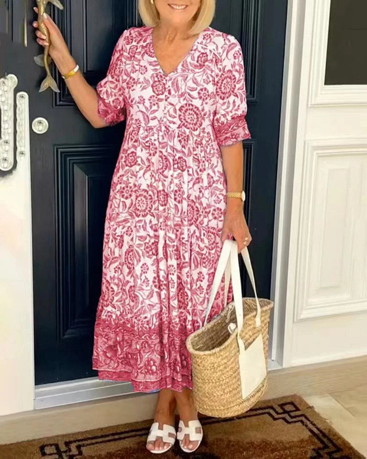 2025 Summer Foreign Trade Temperament Commuter Long-style Floral Tie-dye Large Size Loose-fitting Dress