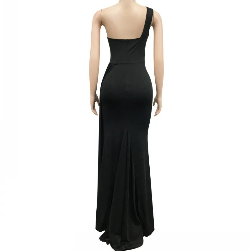 Dresses For Women One Shoulder Sleeveless Robes  New Fashion Solid Slim Draped African Maxi Dress Vestidos klt