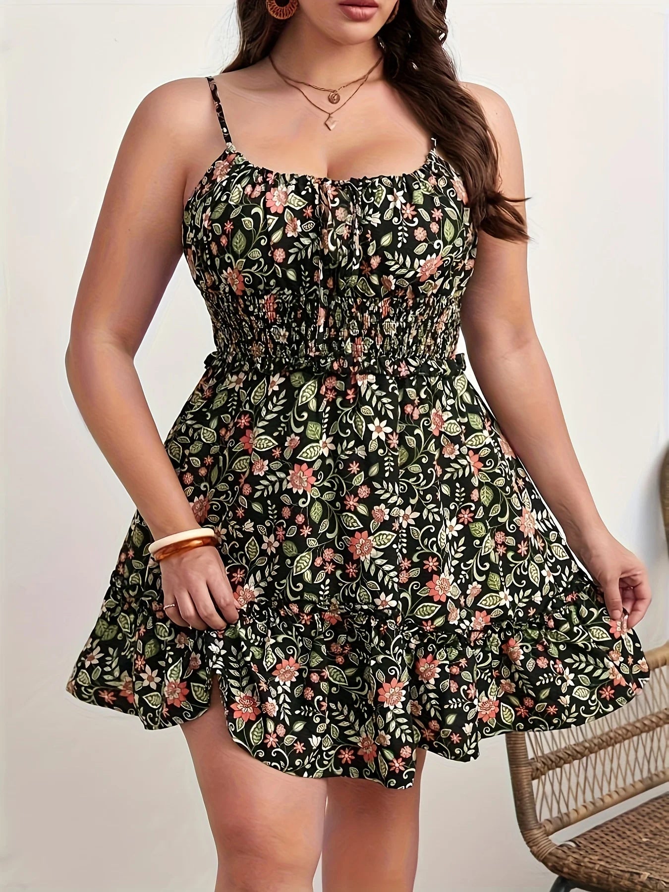 Summer Women Elegant Floral Print Dress Vacation Vintage Casual Sleeveless Ruffle Sling Dresses