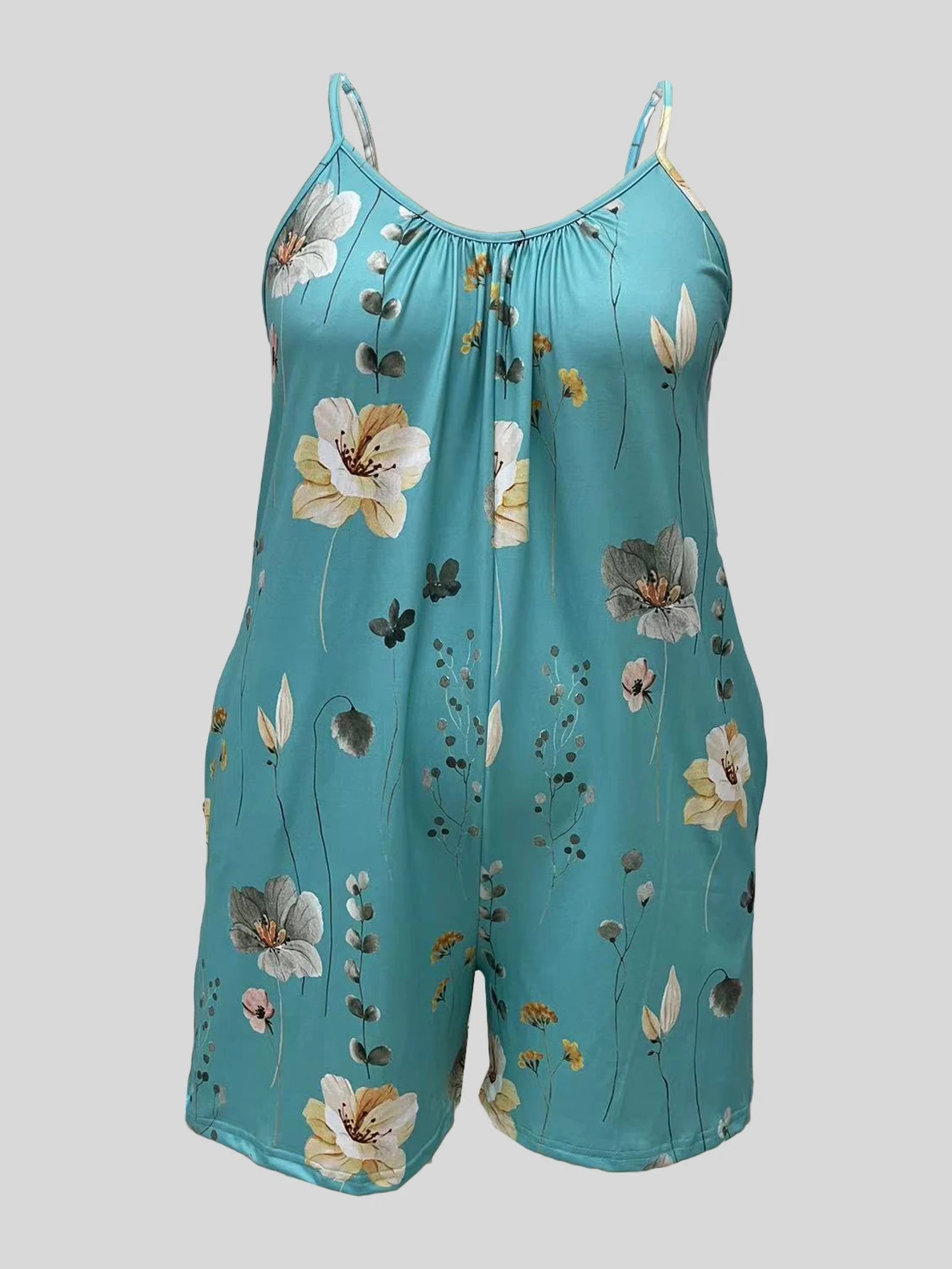 Jumpsuit Casual Pocket Ruched Sleeveless Romper Jumpsuit, Women's Plus Size Clothing