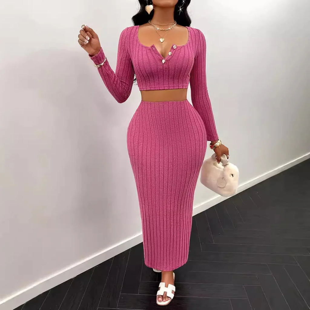 Two Piece Sets Women Skirt Set Full Sleeve Dress Sets Sexy U Neck Bodycon Short Tops Long Skirts Elegant Splice High Waist somè