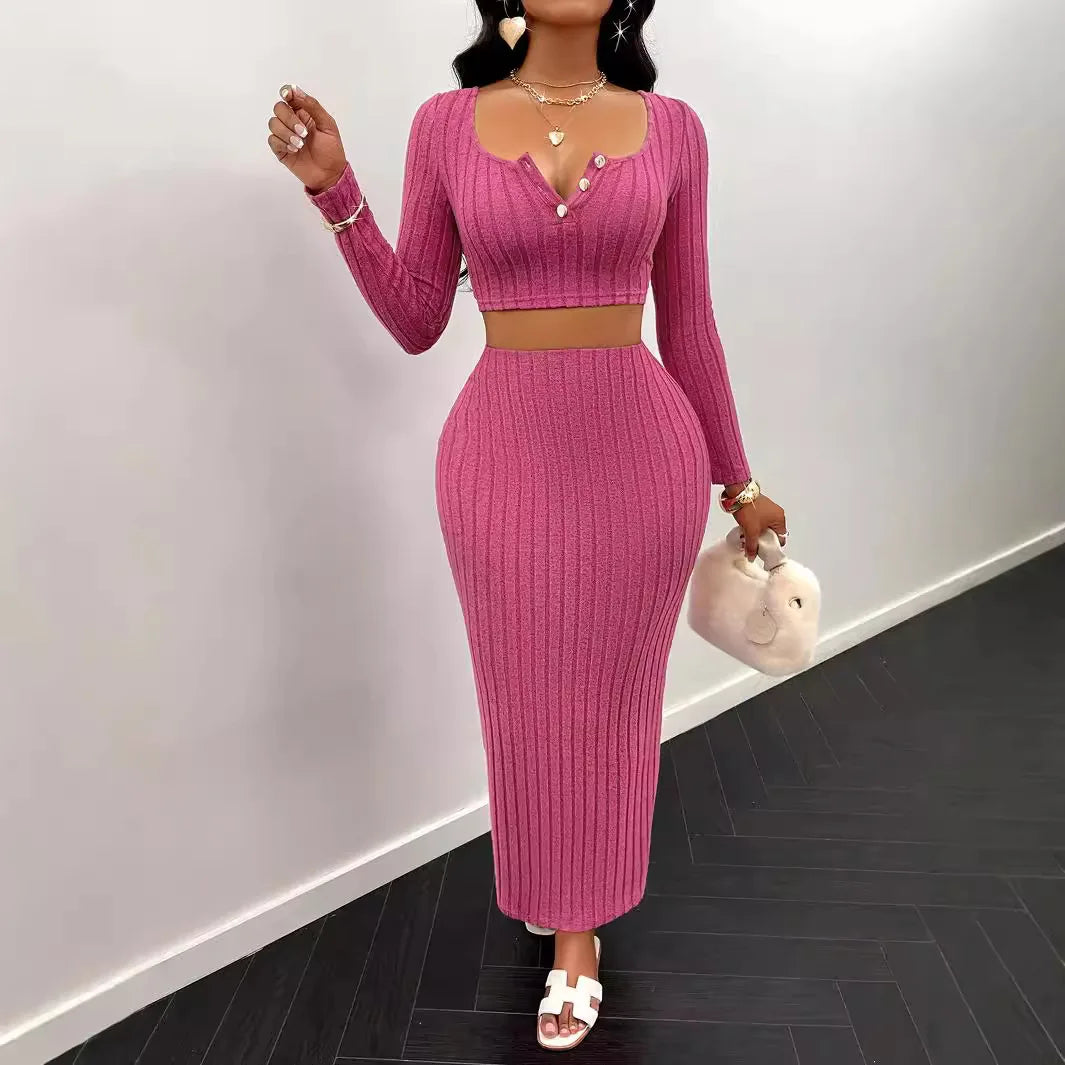 Two Piece Sets Women Skirt Set Full Sleeve Dress Sets Sexy U Neck Bodycon Short Tops Long Skirts Elegant Splice High Waist somè