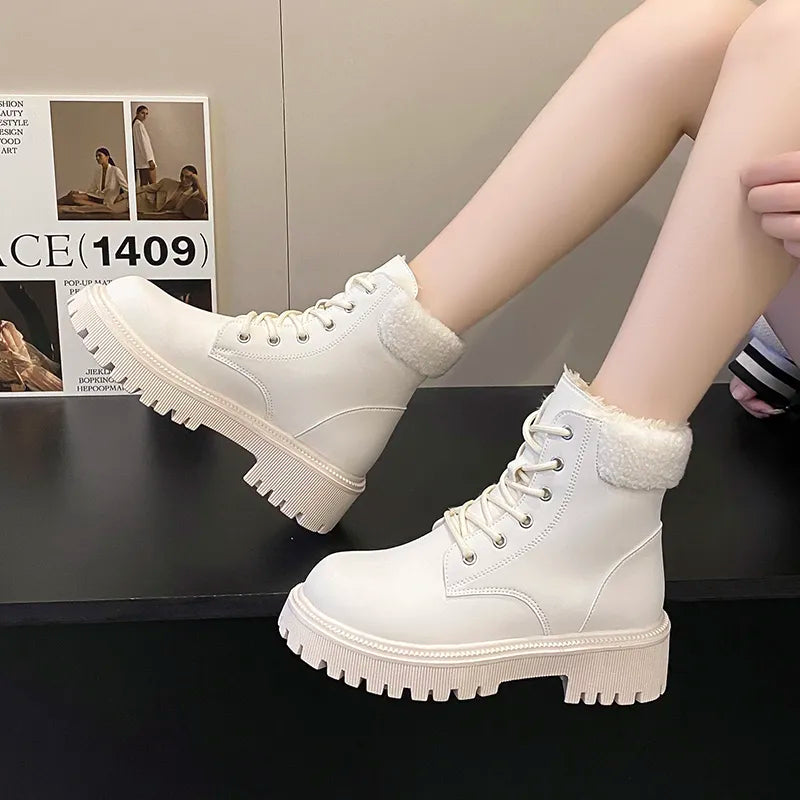 Ankle Boots for Women Lace-Up Waterproof Non-Slip Snow Boots Woman Pu Leather Warm kodez