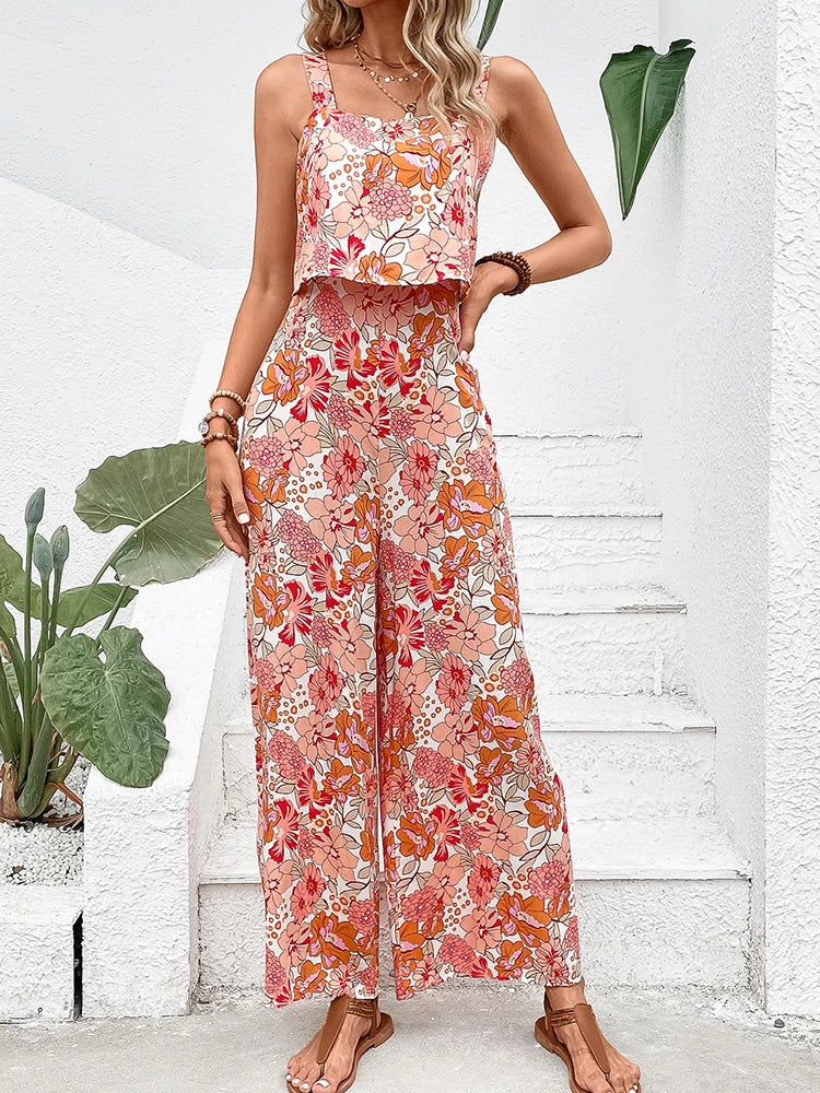 Elegant Long Jumpsuit Women Sexy Backless Wide Leg Jumpsuits Casual Sleeveless Floral Rompers Summer Clothes For Woman vestal