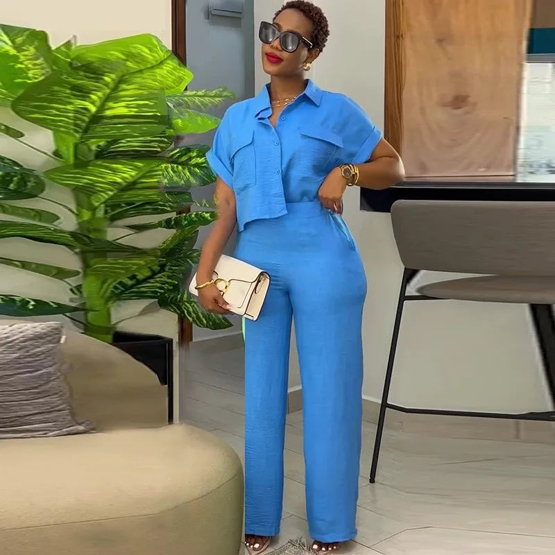 Women's Two Piece Sets Spring Summer Casual Solid Turn-down Neck Short Sleeve Loose Top & Wide Leg Pants Set  Streetwear Outfits somè