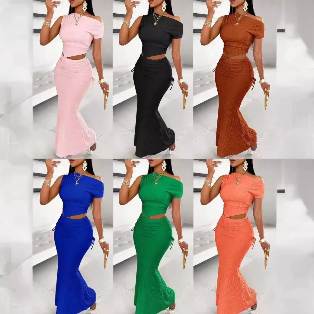 Two Piece Sets Women Skirt Set Short Sleeve Bodycon Dress Sets Sexy Oblique Shoulder Short Y2k Top Long Skirts Splice Streetwear somè