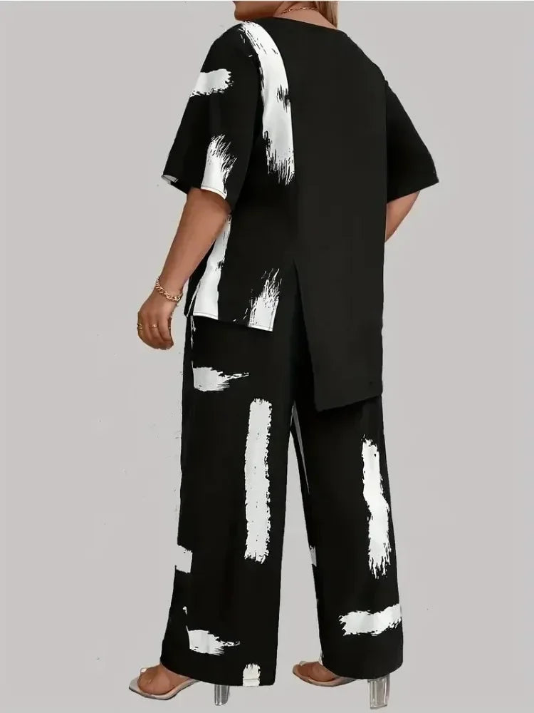 Plus Size Women’s Brush Print Elegance Short Sleeve Split Top & Matching Pants 2 Piece Round Neck Outfit Set somè