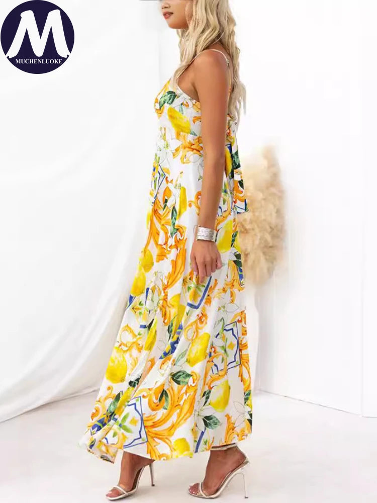 Women's Elegant Sleeveless Sling Dress, Loose High Waisted Long Dresses, Casual Printing, Summer Fashion, somè