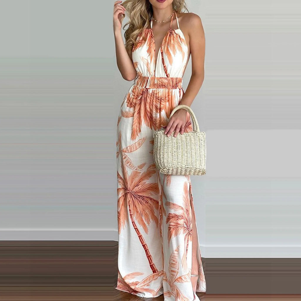 2024 new women's dress wish suspender digital print sleeveless V-neck colorful jumpsuit for women vestal